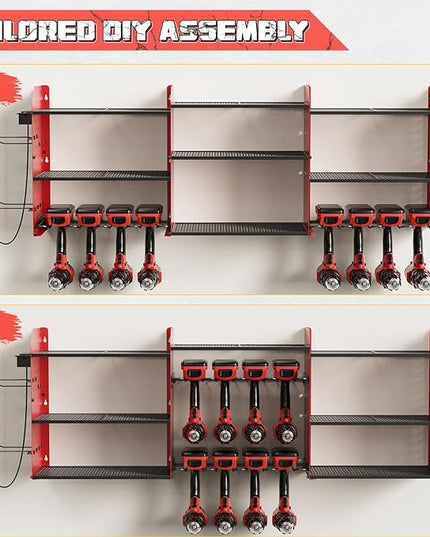 Power Tool Organizer with Charging Station Wall Mount, 3 Layer Expanded Heavy Duty Garage Organization, 45.5 Inch Length Garage Tool Storage, 8 Drills, 2 Assemble Method, Red