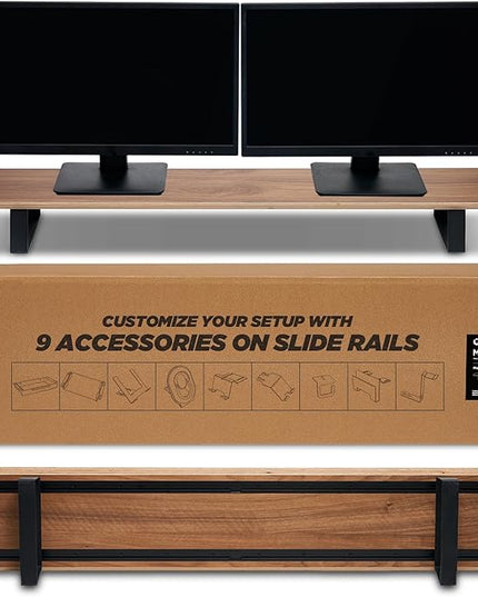 Moodular Wooden Monitor Stand 45.6” (116cm) Large Desk Organizer with Metal Slide Rails for Drawer, Tray, Laptop, Tablet, Phone & Headphones Customizable Riser for Organized Workspace Walnut