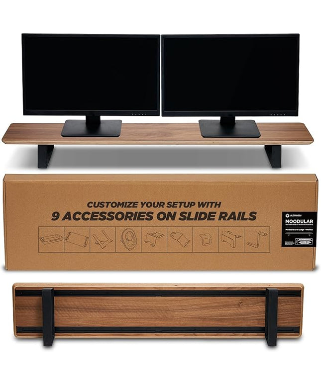 Moodular Wooden Monitor Stand 45.6” (116cm) Large Desk Organizer with Metal Slide Rails for Drawer, Tray, Laptop, Tablet, Phone & Headphones Customizable Riser for Organized Workspace Walnut