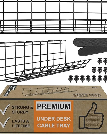Under Desk Cable Management Tray, Cord Organizer for Wire, Cord Management Under, Wire Holders - Black Tray - Set of 2X 17