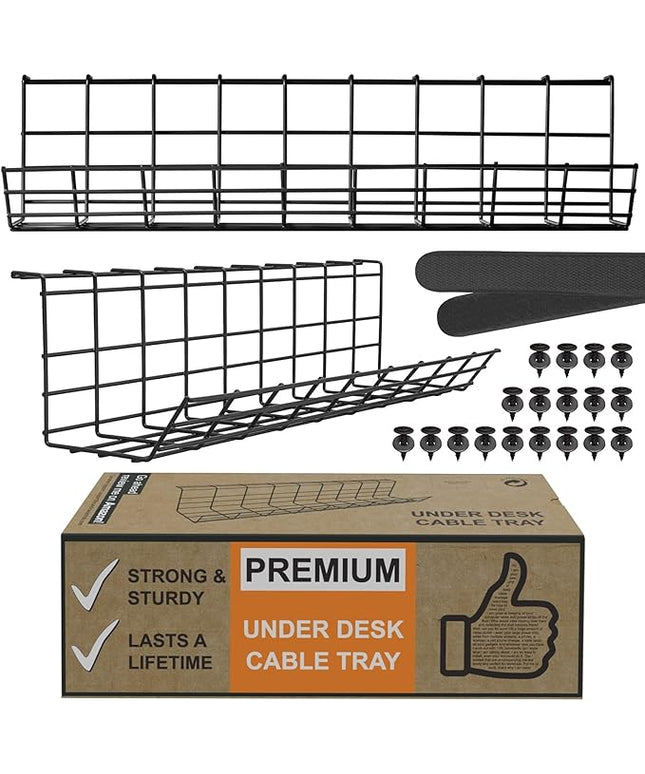 Under Desk Cable Management Tray, Cord Organizer for Wire, Cord Management Under, Wire Holders - Black Tray - Set of 2X 17