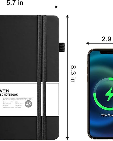 Lined Journal Notebook for Women Men, 352 Pages A5(5.7" x 8.3")College Ruled Hardcover Leather Journals for Writing, Daily Journal Notebooks for Work, Note Taking, Travel, School, Business (Black)