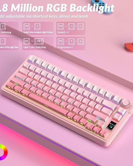AULA S75 PRO Wireless Mechanical Keyboard with Screen&Knob, Tri-Mode Hot Swappable Gaming Keyboard 75%, Pre-lubed Switches, RGB Backlit, Side Printed PBT Keycaps, Creamy Sounding Pink Keyboards