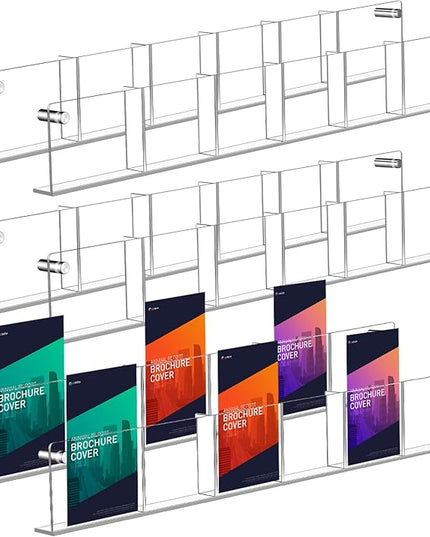 6 Pack Acrylic Brochure Holder Wall Mount 6 Pockets Brochure Holder Wall Mount Magazine Rack Clear Bookshelf Literature Storage Rack Pamphlet Display for Waiting, Living Room, Office Pamphlet Display