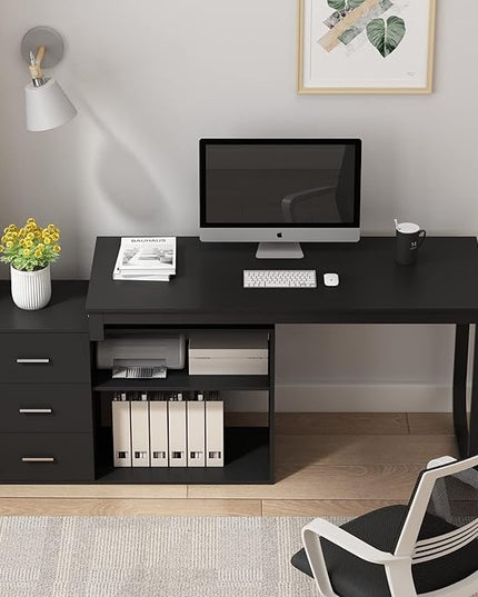 Homsee Home Office Computer Desk Corner Desk with 3 Drawers and 2 Shelves, 55 Inch Large L-Shaped Study Writing Table with Storage Cabinet - Black