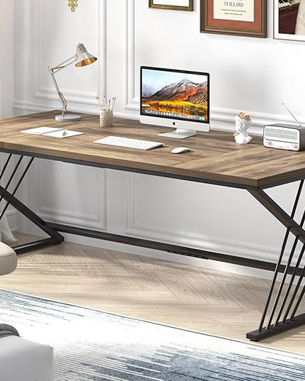 FOLUBAN 70.9" Computer Desk with Z-Shaped Legs, Industrial Work Executive Home Office Desk, Large 2 Person Gaming Study Desk Writing Table, Oak