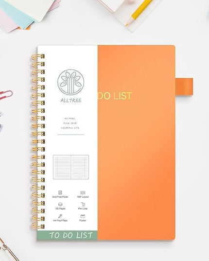 ALLTREE To Do List Notepad Spiral Planner, Daily Task Tracker with Wide lined Notebooks, Work Planner with Pocket, Pen Loop, 160 Pages, Orange (5.5"x8.5")