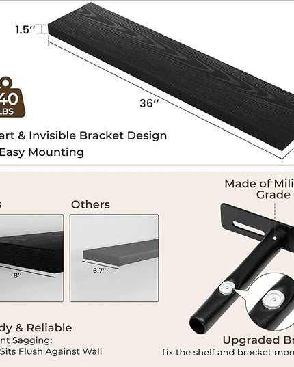 RICHFOCUS 36Inch Floating Shelves for Wall 2 Pack Shelves for Bedroom|Kitchen|Bathroom Wall Mounted Rustic Wood Floating Shelf with Invisible Brackets for Books|Storage|Decor, Black