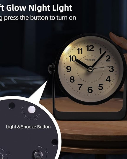 TIMESS Analog Alarm Clock, Silent Non-Ticking Quartz Movement, Battery-Operated with Snooze & On-Demand Light, Easy to Set Gentle Wake Bedside Desk Clock, Ideal for Home, Travel, Office (Black)