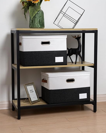 PRANDOM Foldable Storage Bins with Lids [3-Pack] Fabric Collapsible Storage Boxes Baskets Cubes Containers with Handles for Closet Living Room Bedroom (Black & White 17.7x11.8x11.8'')