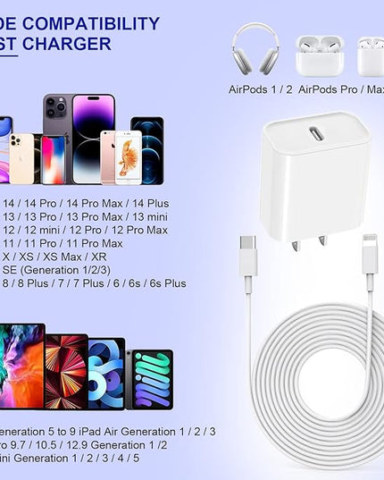 10FT iPhone Fast Charger,3Pack Extra Long[Apple MFi Certified]iPhone Charger Fast Charging Quick 10Foot USB C to Lightning Cable Cord Adapter Block for iPhone 14 Pro Max/14 Plus/13/12Mini/11/XS/X/iPad