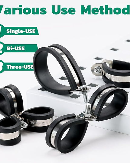 125PCS Cable Clamp,12 Sizes Stainless Steel Rubber Coated Cushioned Insulated Cable Clamps Assortment Kit-Metal Wire Clamps,Cable Clips,Pipe Clamps