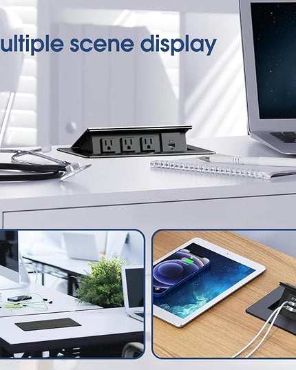 KYHSHJ Connection Box Desktop Pop Up Outlet with 3 * 15A Receptacle，2.1A 1 USB-A Ports &1 USB-C Port，Corrosive Resistant Hardware,Black