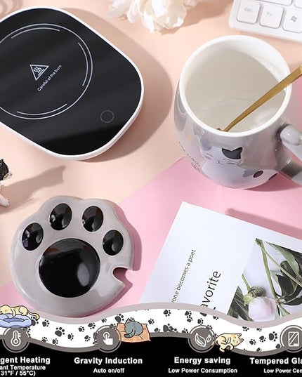 Honeydak Coffee Mug Warmer Cute Cat Mug Set Cup Warmer for Women Heated Coffee Warmers for Mom Home Office Desk Valentine's Day Anniversary Birthday Gifts(Cat,Gray)