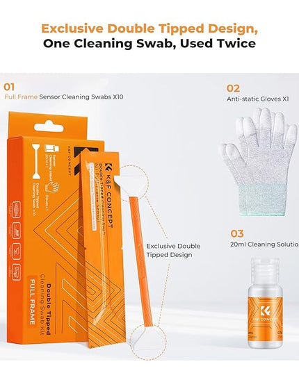 K&F Concept Full Frame Sensor Cleaning Kit, Mirrorless Camera Cleaner Kit - 20ml Sensor Cleaner, 10 X 24mm Double-Tipped Full Frame Sensor Cleaning Swabs & Gloves