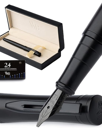 Wordsworth & Black Fountain Pen Set, Broad Nib, Includes 24 Pack Ink Cartridges, Ink Refill Converter & Gift Box, Calligraphy, [All Black], Perfect for Men & Women