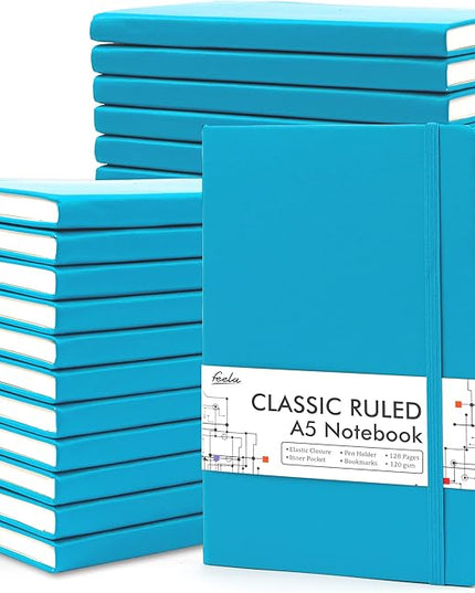 feela 24 Pack Journal Notebook Bulk for Work, Business Notebook Hardcover Lined Writing Journal with Pen Holder for Men Women Note Taking, with 24 Black Pens, 120 GSM, 5.1”x8.3”, A5, Teal
