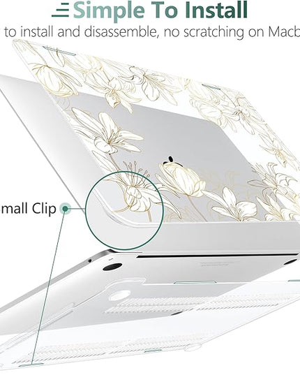 DONGKE Compatible with MacBook Pro 13 inch Case 2024 2023-2020 Release A2338 M2/M1 A2251 A2289 with Retina Display & Touch ID, Plastic Hard Shell & Keyboard Cover & Screen Film- Golden Florals