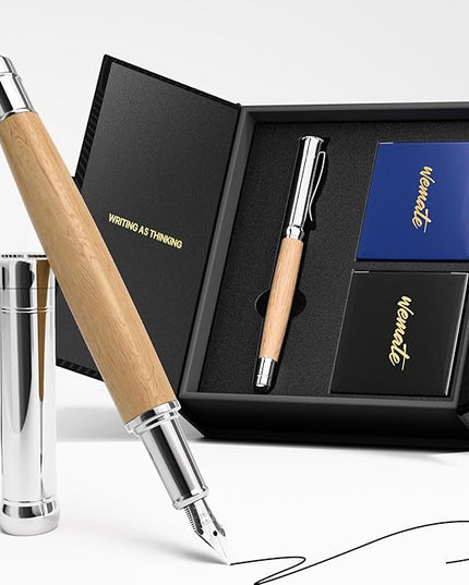 WEMATE Fountain Pen Set, Fine Nib, 20PCS 2.6MM Ink Cartridges(10 Black&10 Blue), 1 Ink Converter, Smooth Writing, No Skips, Nice Gift for Men, Women, Cool Wood Fountain Pen for Writing, Calligraphy
