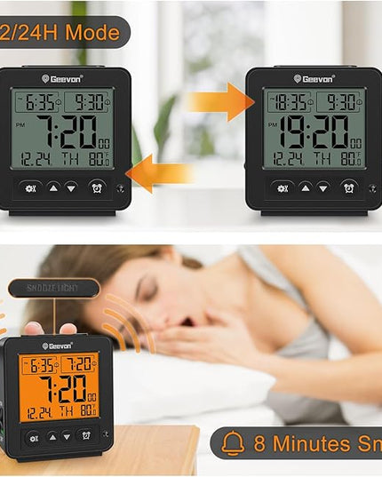 Geevon Smart Night Light Small Digital Alarm Clock with 2 Increasing Beep Alarm, Indoor Temperature, Battery Operated Travel Clock for Bedroom, Bedside, Desk(Black)