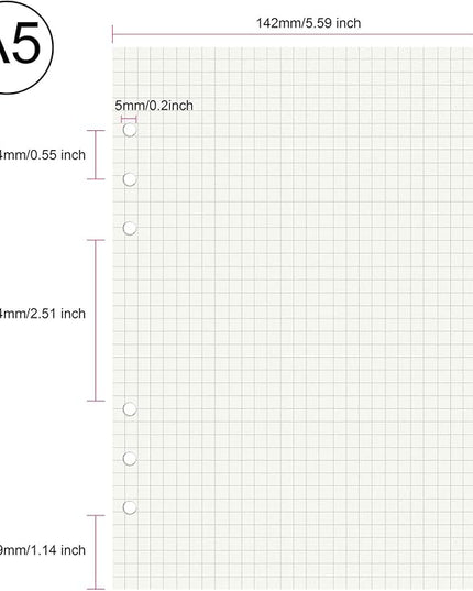 135 Sheets Planner Refill Paper, 210x142mm, 5mm Squared Inserts Paper A5 6 Holes Binder Grid Notepaper for Filofax Bullet Journals Diary
