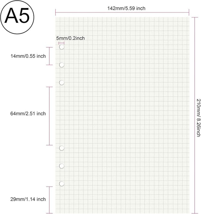 135 Sheets Planner Refill Paper, 210x142mm, 5mm Squared Inserts Paper A5 6 Holes Binder Grid Notepaper for Filofax Bullet Journals Diary