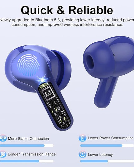 Wireless Earbuds, Bluetooth 5.4 Headphones HiFi Stereo, Bluetooth Earbuds with ENC Noise Cancelling Mic, IP7 Waterproof in Ear Earphones, 48H, LED Display Ear Buds for Pad Phones Workout Sports, Blue