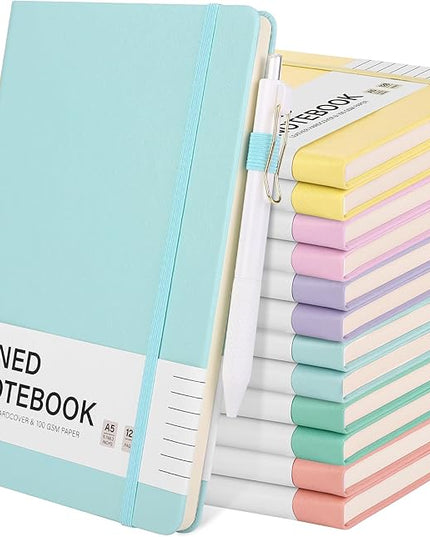 Aodaer 12 Set Lined Notebook Journals with Pens A5 Notebooks 100 GSM College Ruled Hardcover Notebook PU Leather Notepad with Pen Holder for Office School, 5.7 x 8.3 Inches, Light Multicolor