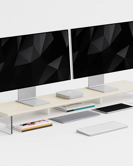 Dual‑Tier Monitor Stand for Modern Desk Setup – Minimalist Wooden and Metal Riser Shelf with Transparent Acrylic Feet for Dual Monitors, Laptops, Home Office Aesthetic，Beige and White