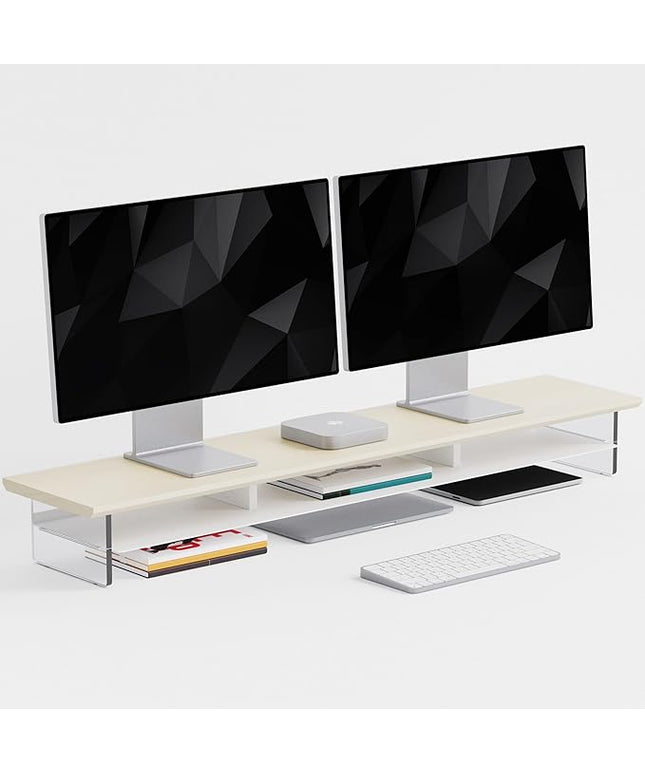 Dual‑Tier Monitor Stand for Modern Desk Setup – Minimalist Wooden and Metal Riser Shelf with Transparent Acrylic Feet for Dual Monitors, Laptops, Home Office Aesthetic，Beige and White