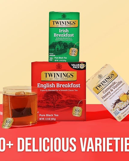 Twinings Irish Breakfast Black Tea Individually Wrapped Bags, 20 Count (Pack of 6), Flavourful, Robust Black Tea, Caffeinated, Enjoy Hot or Iced, 120 Teabags