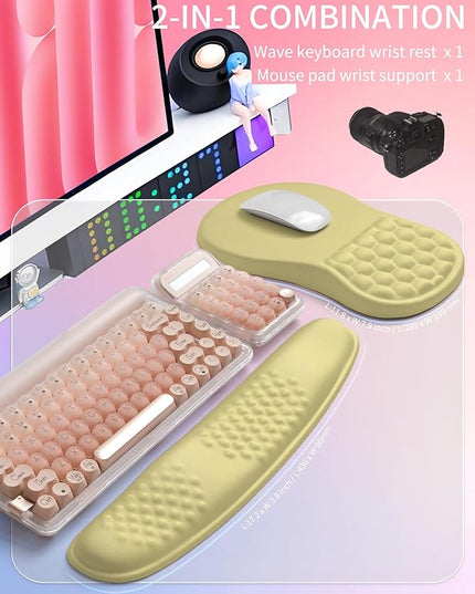 Hokafenle 2in1 Combination, Wave Keyboard Wrist Rest and Ergonomic Curvature Mouse Pad Wrist Support for Relieve Wrist Pain, Filled with Soft Cushion Memory Foam, Butter Yellow
