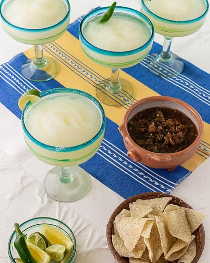 Mexican Glassware, Aqua Rims 16oz Margarita Glasses, Set of 2 Unique Hand Blown Glass, Handcrafted by Talented Artisans Thick & Sturdy Easy to hold