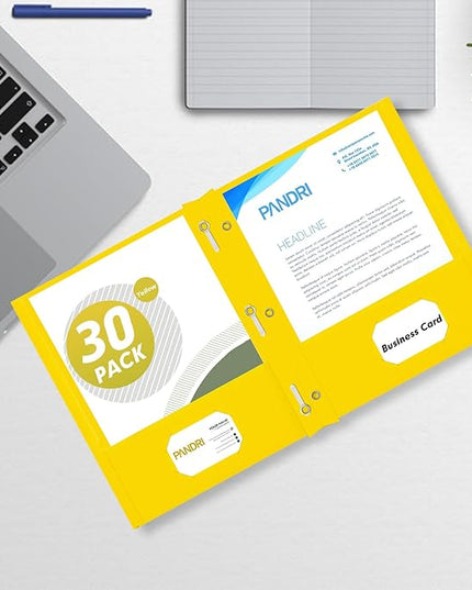 Two Pocket Folders, PANDRI 30 Pack Two Pocket Folders with Prongs, 3 Prong Folders Designed for Office and Classroom, Letter Size Yellow