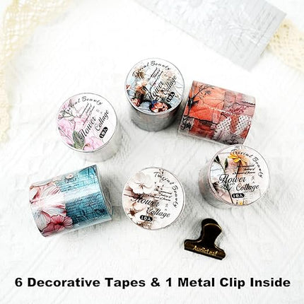 AuriicLeaf Vintage Floral Washi Tape Set – 6 Rolls, 2M Non-Repeating Flower Collage Designs, Decorative Craft Tape for Scrapbooking, Journals, Planners with Accessory Clip Included