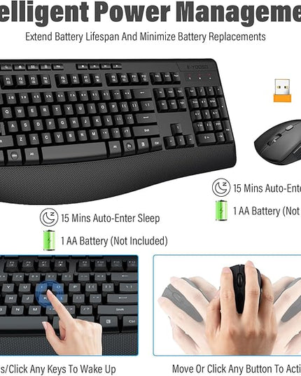 E-YOOSO Wireless Keyboard and Mouse Combo,Silent Soft Touch Quiet Keyboard Less Noise 90%,Ergonomic with Wrist Rest,2.4GHz 104 Keys Full Size,2400 DPI Mouse,for PC Computer/Laptop/Mac Air/Mini/Pro