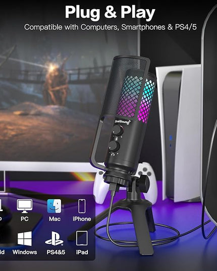 ZealSound Podcast Microphone for PC/Mac/iPhone/Phone – 96kHz/24bit USB Condenser Mic with Noise Reduction, Tap-to-Mute, Gain Control, Zero-Latency Monitor, RGB Light for Streaming, Gaming, Recording
