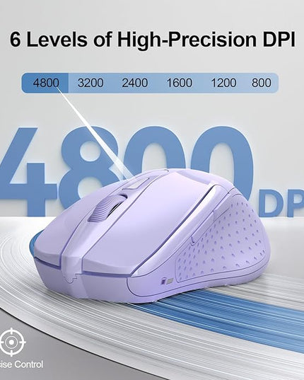 TECKNET Wireless Mouse (2.4G & BT5.0/3.0) Silent 4800 DPI Computer USB A & Bluetooth Mouse 6 Buttons, Wide Compatibility - Lavender