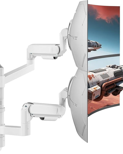 ARES WING Dual Monitor Wall Mount for 24-57 Inch Ultrawide Screens, Premium Heavy Duty Monitor Arm Holds 60 lbs, Full Motion Gas Spring, Bearing Head for Easy Adjustment, 75/100 VESA Mount, White