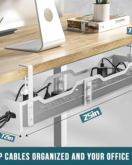 Under Desk Cable Management Tray White, Litwaro Cable Management Under Desk No Drill, 25'' Cable Tray with Clamp for Wire Management, Cord Organizer for Office, Home - No Damage to Table