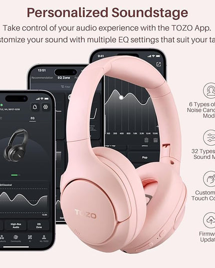 TOZO HT2 Hybrid Active Noise Cancelling Headphones, Wireless Over Ear Bluetooth Headset, 60H Playtime, Hi-Res Audio Custom EQ via App Deep Bass Comfort Fit Ear Cups, for Home Office Travel