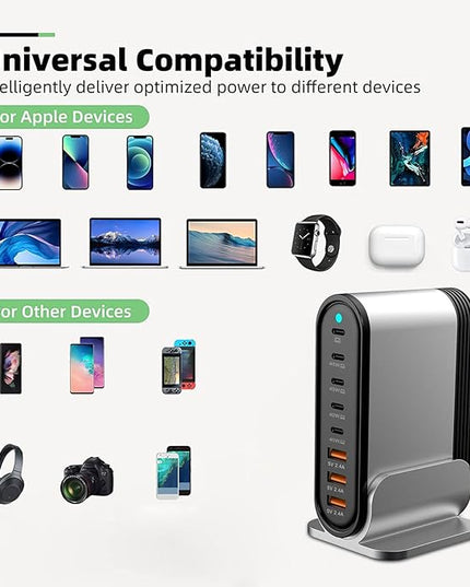 USB C Fast Charger : Fast Charging Station : 285W-8 Port Desktop Multiple Devices Power Adapter for Laptop MacBook Pro/Air, DELL, Tablet iPad Pro/Air, iPhone 16/15/14, Galaxy S23/22
