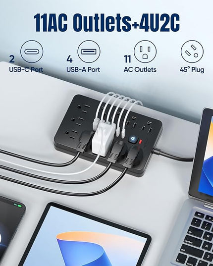 6 FT Flat Plug Surge Protector Power Strip,11 Multiple AC Outlets with 6 USB Ports (2 USB C), 6 Feet Extension Cord, 1250W/10A, One Touch Switch Button, 17 in 1 Compact powerstrip