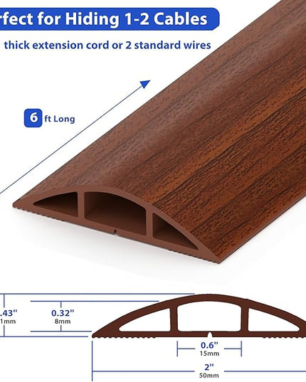 Floor Cord Cover 6ft, Brown Walnut Wood Cord Hider Floor Hide Extension Cords, Floor Cable Management Floor Cable Cover Wire Covers for Cords, Cable Protector Cord Cavity W0.6in x H0.32in