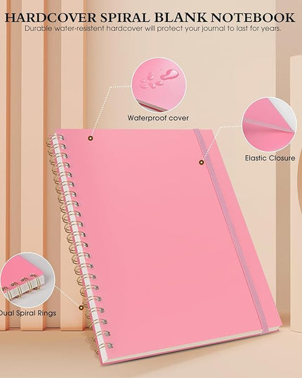 Blank Spiral Notebook Journal 8.5” x 11”, A4 Large Pink Sketch Book for Women Men, 100 GSM Blank Paper Drawing Notebook, Plastic Hardcover Spiral Bound Sketchbook for Sketching Work School Writing