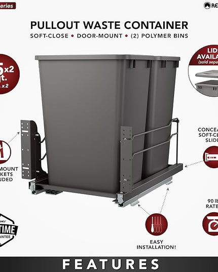 Rev-A-Shelf Double Pullout Trash Cans for Under Kitchen Cabinets 35 Quart 8.75 Gallon with Soft-Close Slides, Orion Gray, 53WC-1835SCDM-213