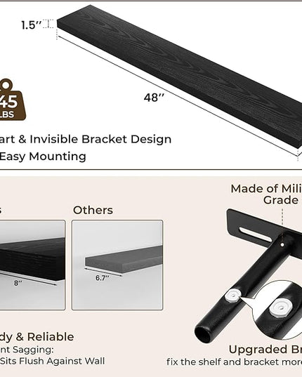 RICHFOCUS 48Inch Floating Shelves for Wall 1 Pack Shelves for Bedroom|Kitchen|Bathroom Wall Mounted Rustic Wood Floating Shelf with Invisible Brackets for Books|Storage|Decor, Black