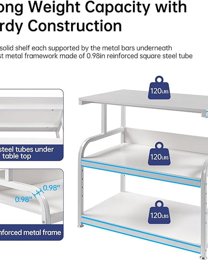 Printer Stand, 32.3" x 18.9" x 32.1" Extra Large Printer Table with Adjustable Storage Shelf, 3 Tier Rolling Printer Cart with Industrial Wheels for Home Office, White