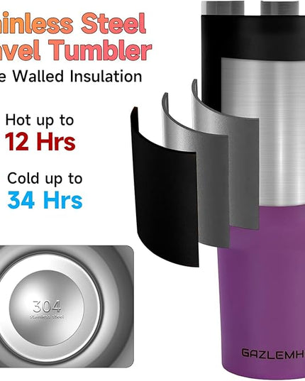 40oz Tumbler with Handle and Straw Spout 2-in-1 Lid, Spill Leak Proof Insulated Travel Cup Traveler Water Mug Keep Cold Hot, Dishwasher Safe Stainless Steel Bottle Gifts for Women Men, Black Purple