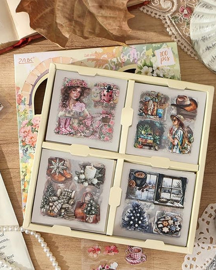 Scrapbooking Stickers Set for Adults, 100 Sheets 3.1 x 3.1 Inches Diecut Seasons Flow Theme, PET Stickers for Journaling, Junk Journal Supplies, Collage, Scrap Book, DIY Crats Arts Decorative